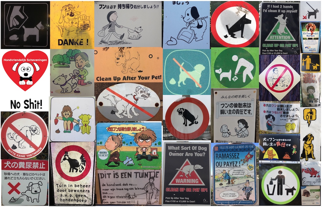 Montage of different dog poo signs from various countries