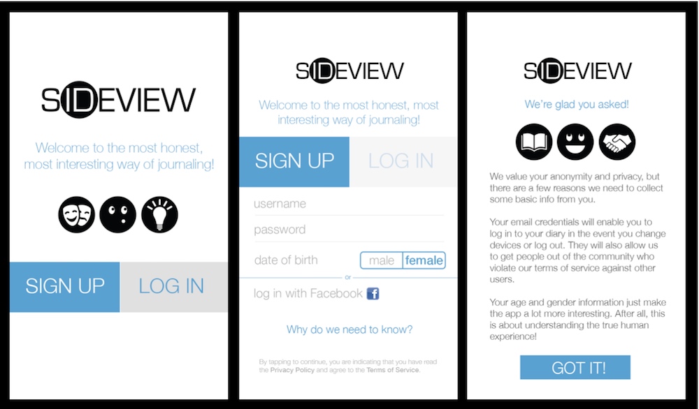 Sideview signup screens