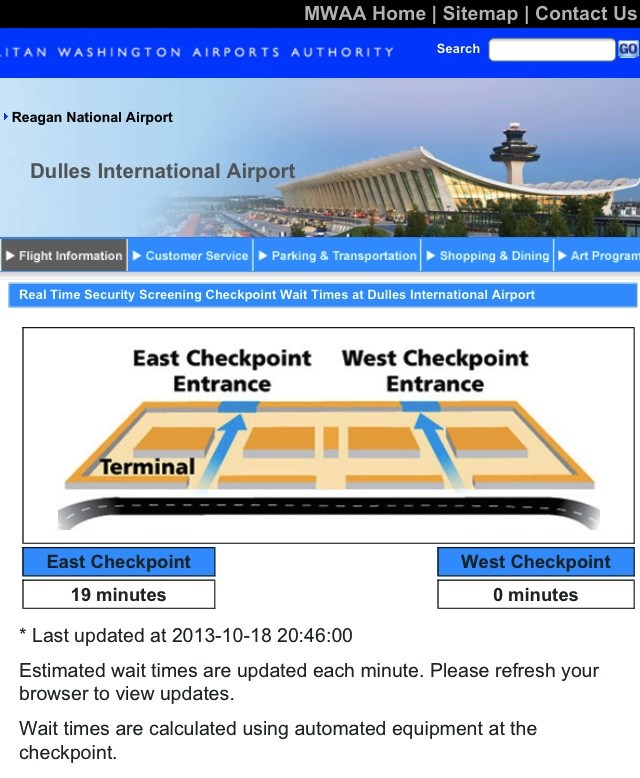 IAD website showing misleading wait times of 0 minutes